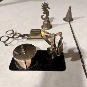 Vintage Brass Bundle: 2 Candle Snuffers, Bell, Postage Scale W/Stamp Roll Holder